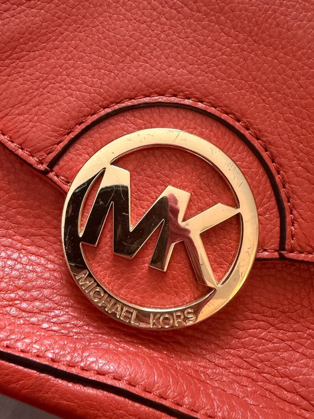 Michael Kors Orange Leather Crossbody Bag Gold MK Logo - Picture 3 of 3